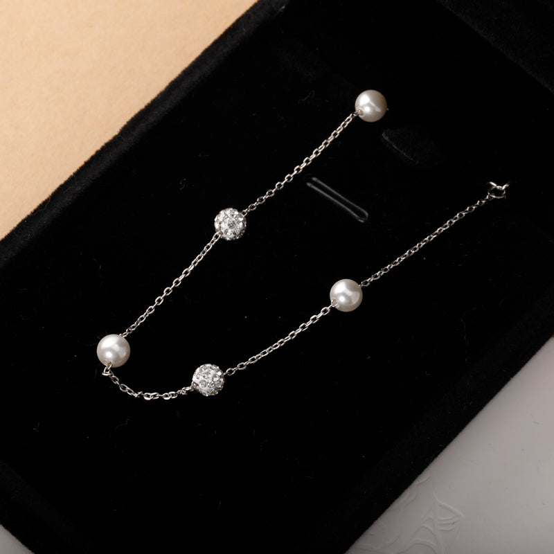 TrustDavis Real 925 Sterling Silver  Pearl Ball CZ Tassel Choker Necklace For Women Gift Fine Jewelry DA2337