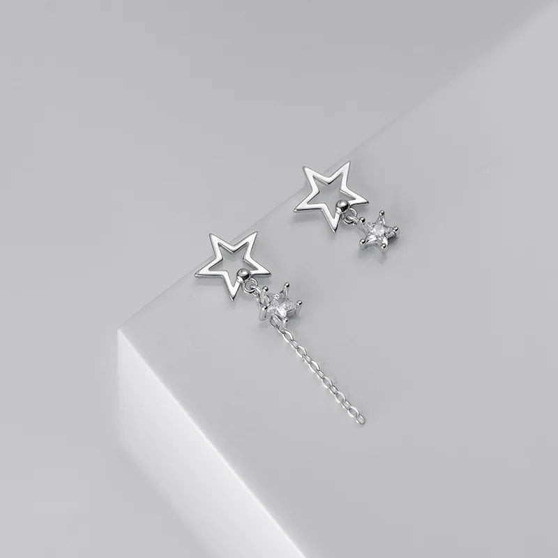 Trustdavis Real 925 Sterling Silver Fashion Sweet Asymmetric Star CZ Dangle Stud Earrings For Women Wedding Party Jewelry DA2685