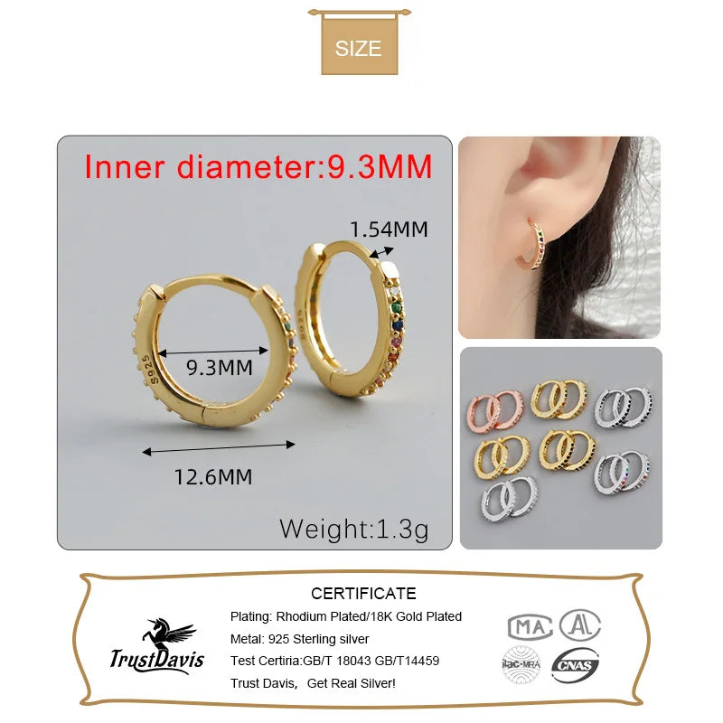 TrustDavis Real 925 Sterling Silver Fashion Sweet Colour Zircon Charm Hoop Earring For Women Wedding Birthday Jewelry DA2682