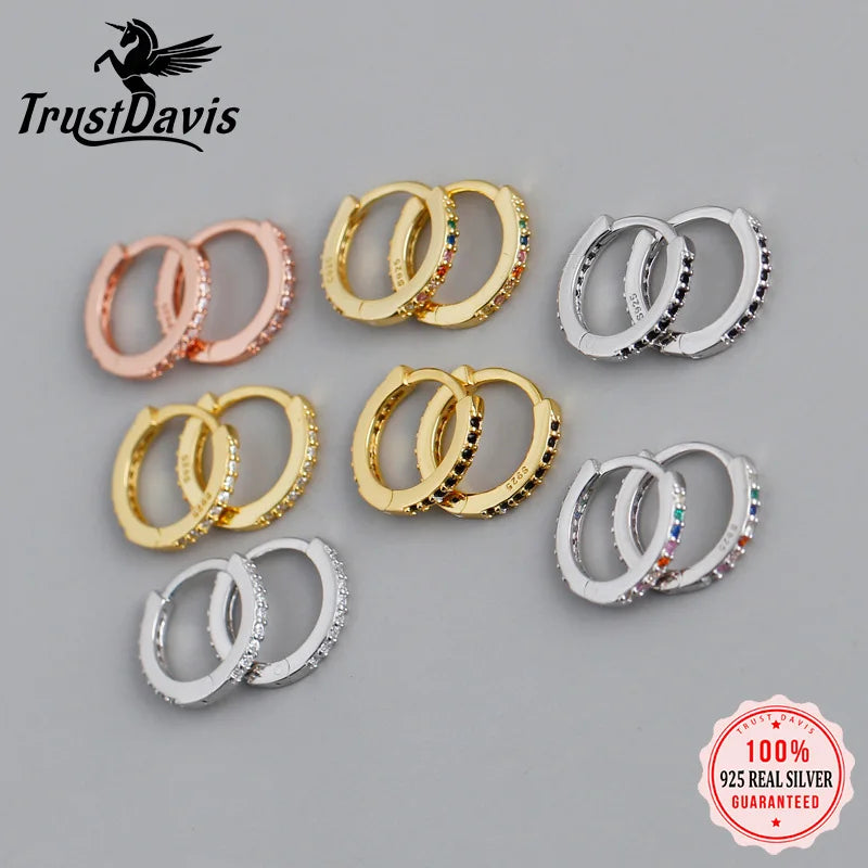 TrustDavis Real 925 Sterling Silver Fashion Sweet Colour Zircon Charm Hoop Earring For Women Wedding Birthday Jewelry DA2682