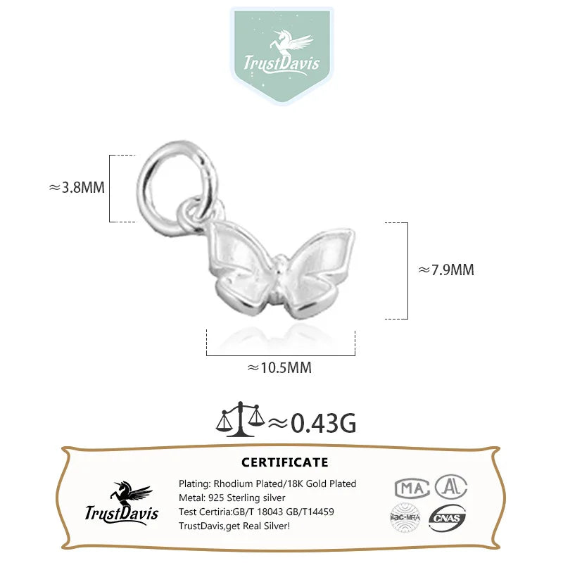 TrustDavis Real 925 Sterling Silver Fashion Sweet Butterfly Charm Pendant Handmade DIY Accessories Wholesale DZ1698