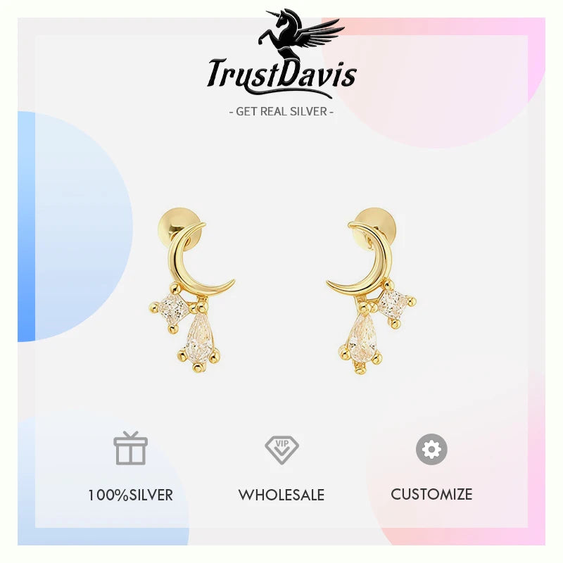 Moon Stud Earrings Minimalist Teardrop Zircon Screw Earrings DS5004