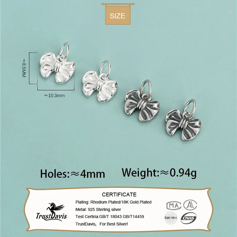 TrustDavis Real 925 Sterling Silver Sweet Bow Knot Pendant Handmade DIY FIT Necklace Bracelet Accessories Fine Jewelry DZ622