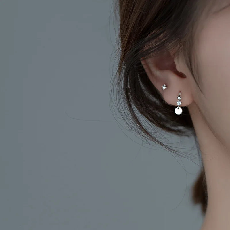 TrustDavis Real 925 Sterling Silver Simple Disc Pendant Crystal Zircon Hoop Earrings For Women Bohemian Charm Jewelry DA2428