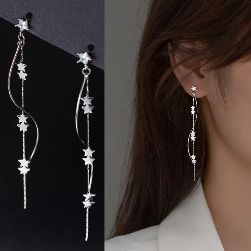 TrustDavis Real 925 Sterling Silver Earring For Women Waves Stars Tassels Stud Earrings Wedding Anniversary Jewelry Gift DG0008