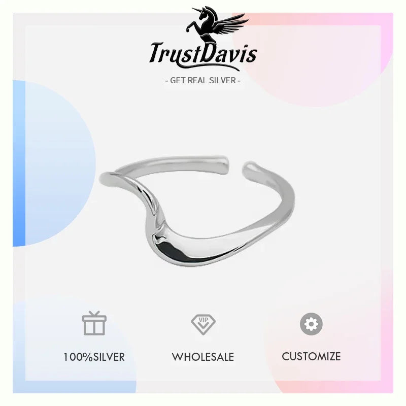 TrustDavis Real 925 Sterling Silver Fashion Minimalist Distortion Opening Ring For Women Lady Valentine's Day Jewelry DD194