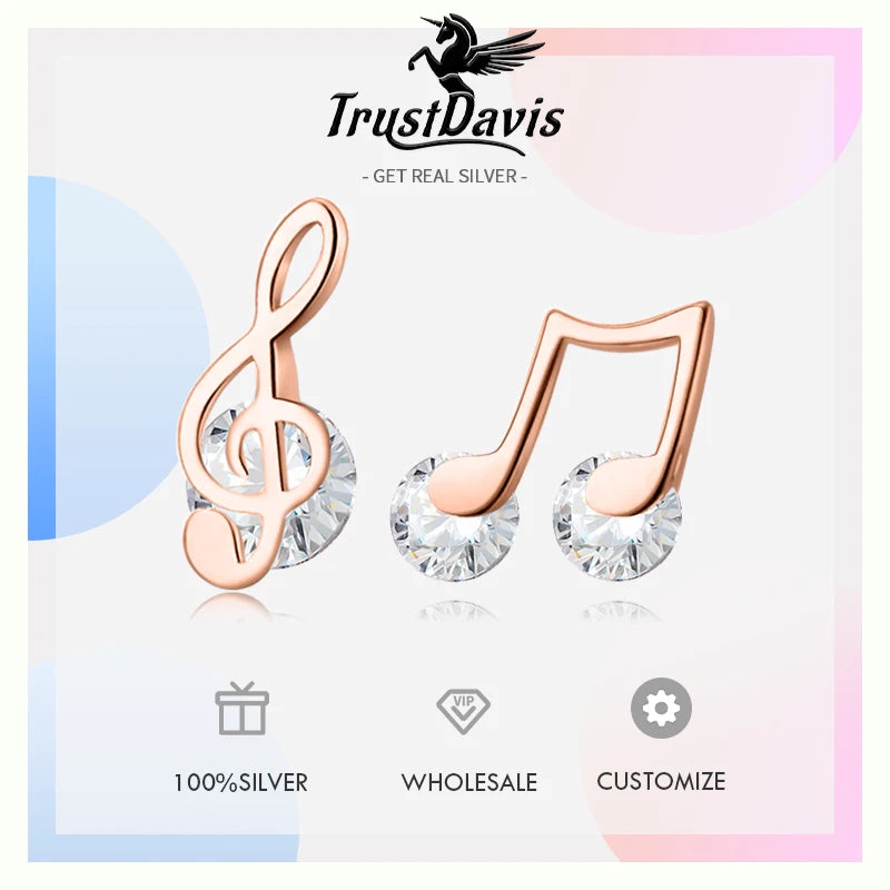 Trustdavis Genuine 925 Sterling Silver Sweet Asymmetric Music Notes CZ Stud Earrings For Woman Wedding Party Fine Jewelry DA1256