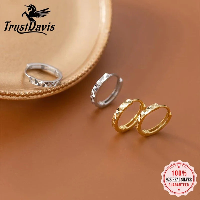 TrustDavis 925 Sterling Silver Minimalism Geometric Faceted Hoop Earring For Fashion Women Men Fashion Punk Fine Jewelry DA2679