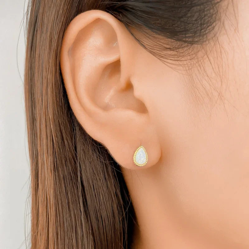 TrustDavis Genuine 925 Sterling Silver Fashion Sweet Gold Water Drop Opal Stud Earring For Women Wedding Fine 925 Jewelry DA2137