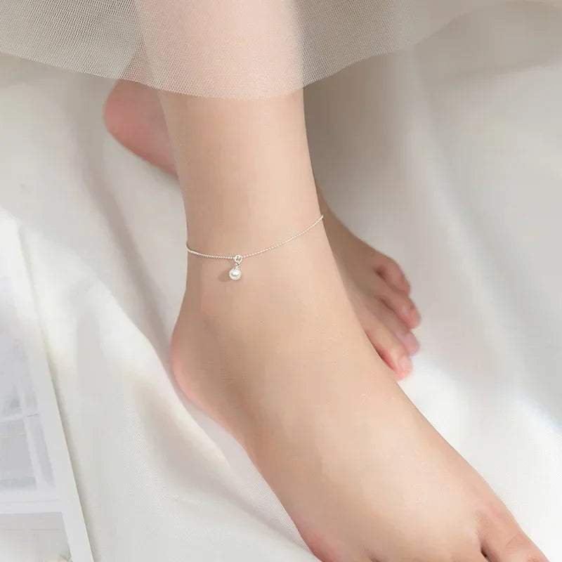 TrustDavis Minimalist 925 Sterling Silver Fashion Synthesis Pearl Beads Chain Anklets For Women Wedding Fine S925 Jewelry DA1825