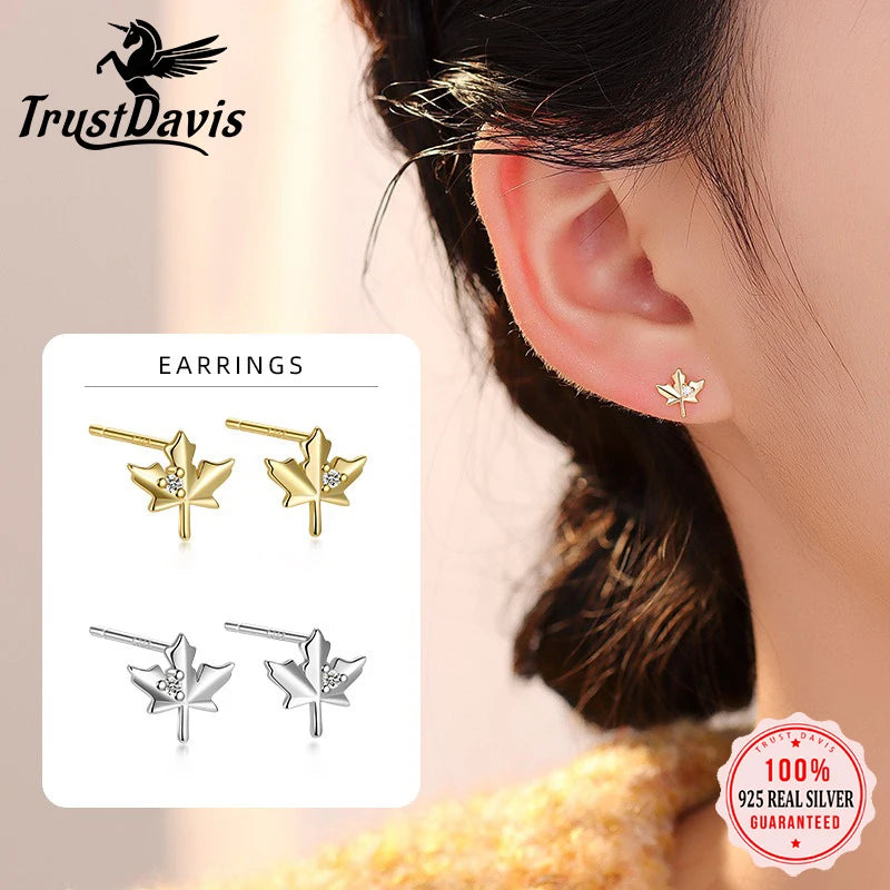 TrustDavis 925 Sterling Silver Women's Fashion Simple Zirconia Maple Leaf Stud Earrings for Women Girls Jewelry Gift DS4281