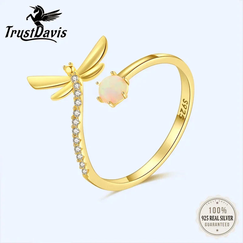 Trustdavis Real 925 Sterling Silver Fashion Insect Dragonfly CZ Opening Rings For Women Wedding Party Fine Jewelry Gift DF071