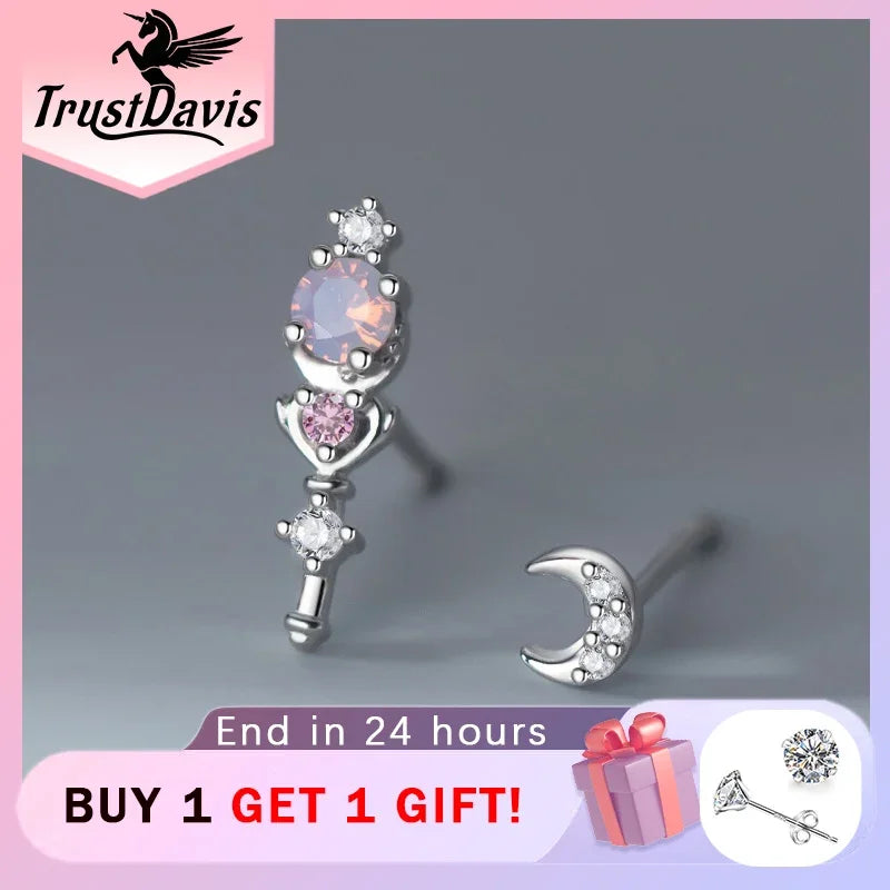 TrustDavis Authentic 925 Sterling Silver Pattern Moon Heart Stud Earrings for Women Girls Kids Birthday Gift Jewelry DS3873