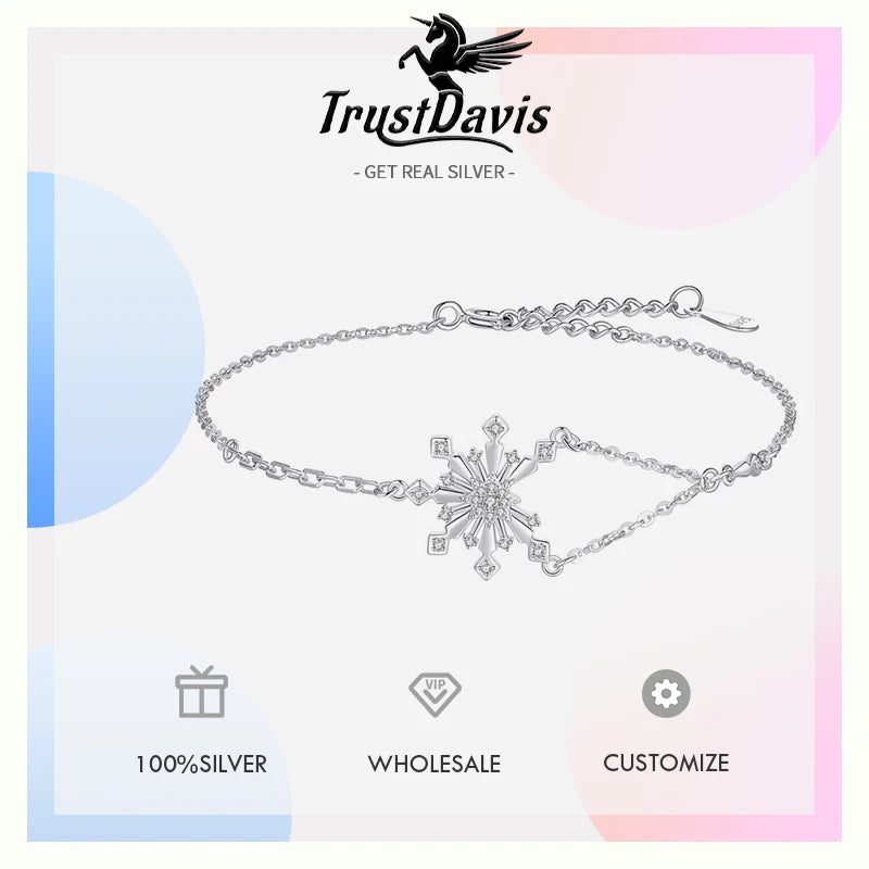 TrustDavis Girls 925 Sterling Silver Fashion Simple Snowflake Zircon Bracelet for Women Girl Christmas Gift Fine Jewelry DS4695