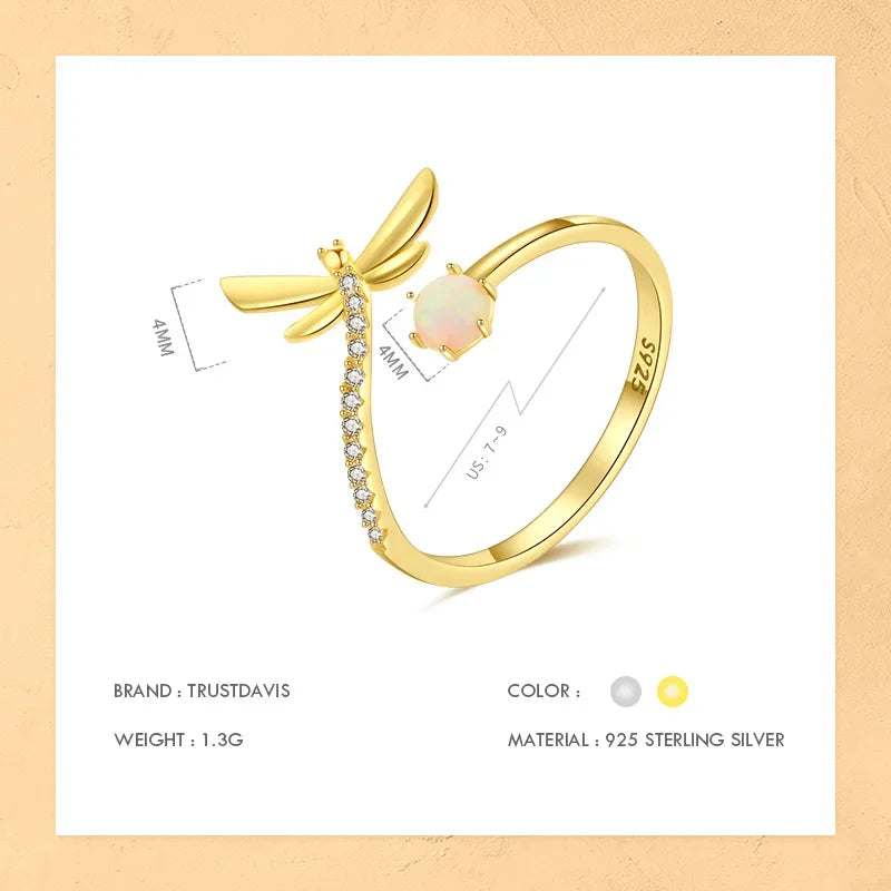 Trustdavis Real 925 Sterling Silver Fashion Insect Dragonfly CZ Opening Rings For Women Wedding Party Fine Jewelry Gift DF071