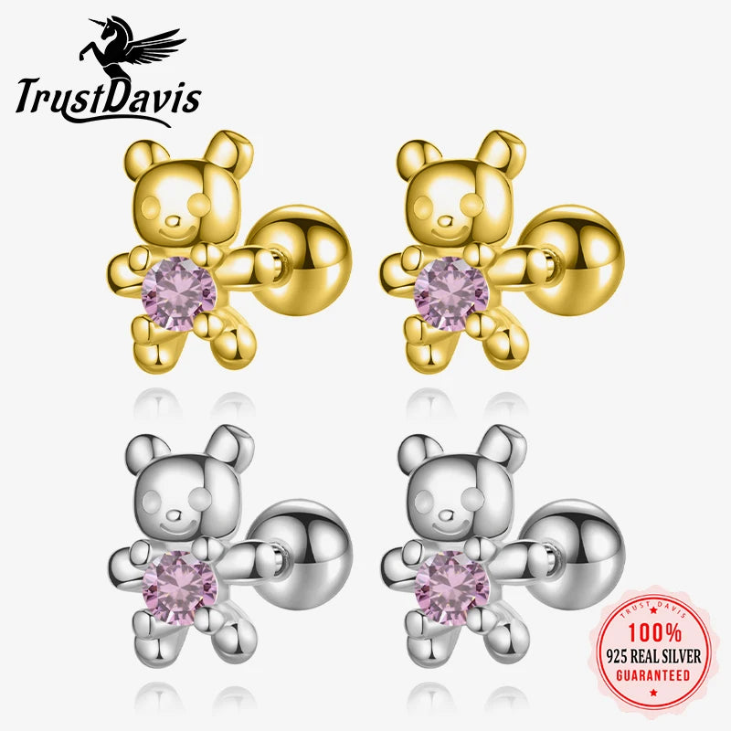 TrustDavis Girls Real 925 Sterling Silver Cute Pink Diamond Bear Stud Earring Gift for Women Girl Fine Jewelry Gift DB1428