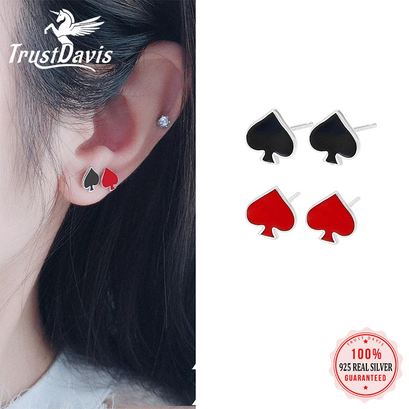TrustDavis Real 925 Sterling Silver Women's Fashion Simple Black and Red Heart Earrings for Women Girls Jewelry Gifts DS4250