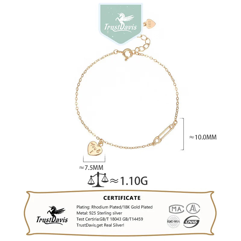 TrustDavis Girls 925 Sterling Silver Fashion Simple Heart Letter Paperclip Bracelet for Women Girl Gift Fine Jewelry DS4687