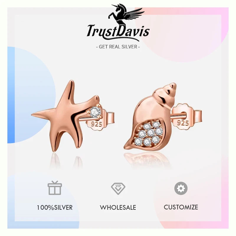 TrustDavis Genuine 925 Sterling Silver Asymmetric Conch Starfish CZ Stud Earrings For Fashion Woman Party Fine Jewelry DA1219