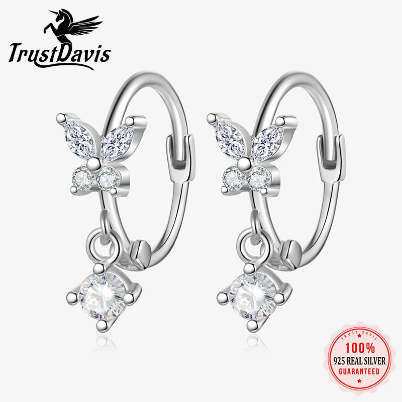 TrustDavis Real 925 Sterling Silver Sweet Charm Butterfly Zircon Hoop Earring for Women Wedding Birthday Fine Jewelry DB1427