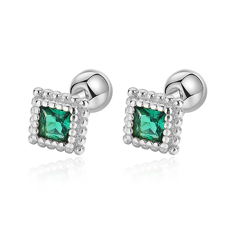 18K Gold Square Green CZ Beads Screw Earring DG0095
