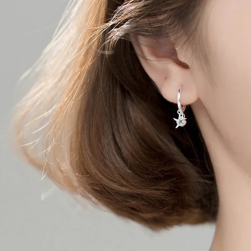 TrustDavis 100% 925 Real Sterling Silver Seastar Pearl Hoop Earrings Jewerly Gift For School Girls Daughter's Gift DS524