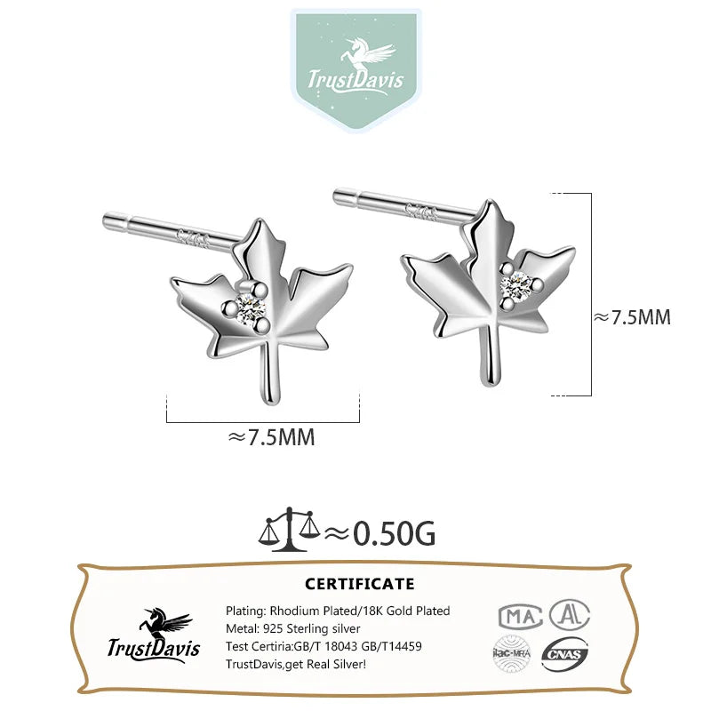 TrustDavis 925 Sterling Silver Women's Fashion Simple Zirconia Maple Leaf Stud Earrings for Women Girls Jewelry Gift DS4281