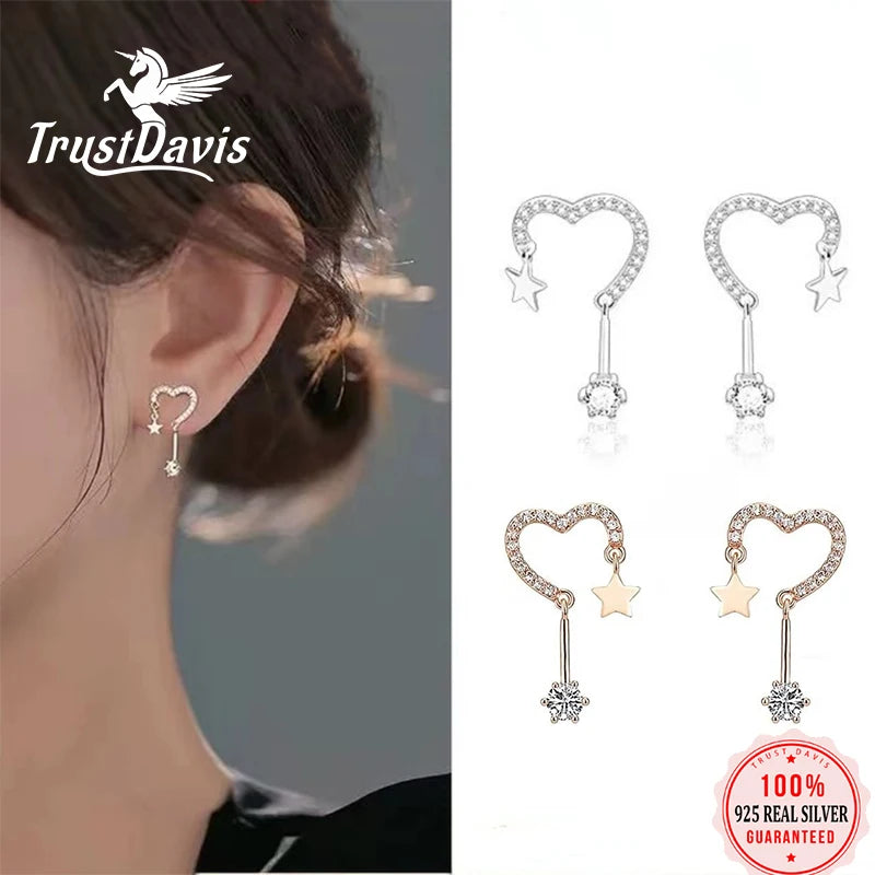 TrustDavis 925 Sterling Silver Women's Fashion Sweet Heart Star Zircon Earrings for Women Girls Jewelry Gift DS4410