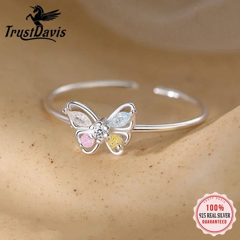 TrustDavis Women Real 925 Sterling Silver Butterfly Zircon Ring Cute Gift for Daddy's Girl Mom Daugther Birthday Jewelry DA4182