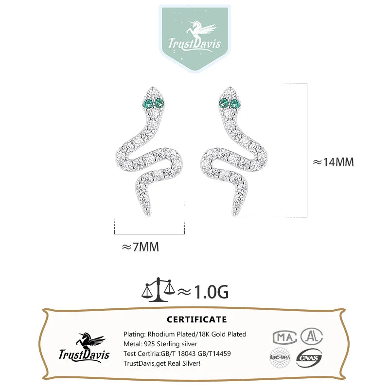 Pendientes TrustDavis Plata de Ley 925 auténtica a la moda con forma de serpiente y espiral de circón para mujeres y niñas, regalos de joyería DS4247