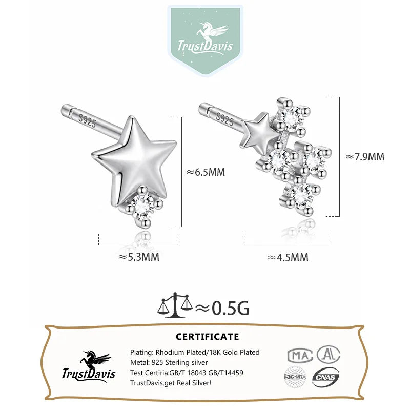 Real 925 Sterling Silver Asymmetrical Star Stud Earrings DS4957