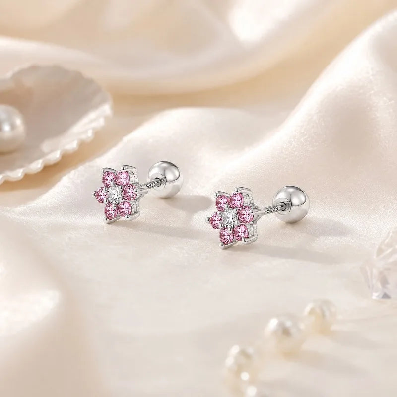 Pink Flower Zircon Earrings for Women Daily Wear Jewelry Gift DS4963