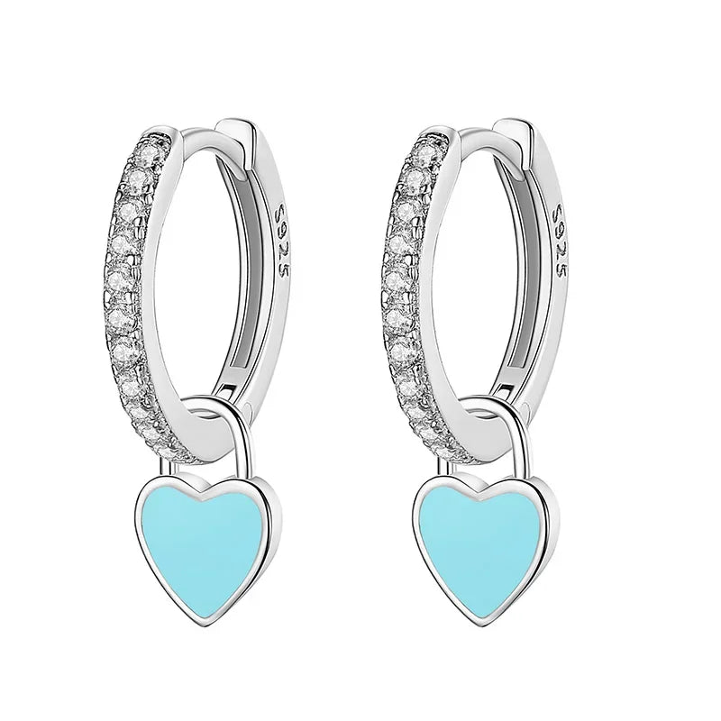 TrustDavis Real 925 Sterling Silver Glaze Heart Dangle Hoop Earrings For Women Wedding Party Fine Dazzling CZ Jewelry DA2745