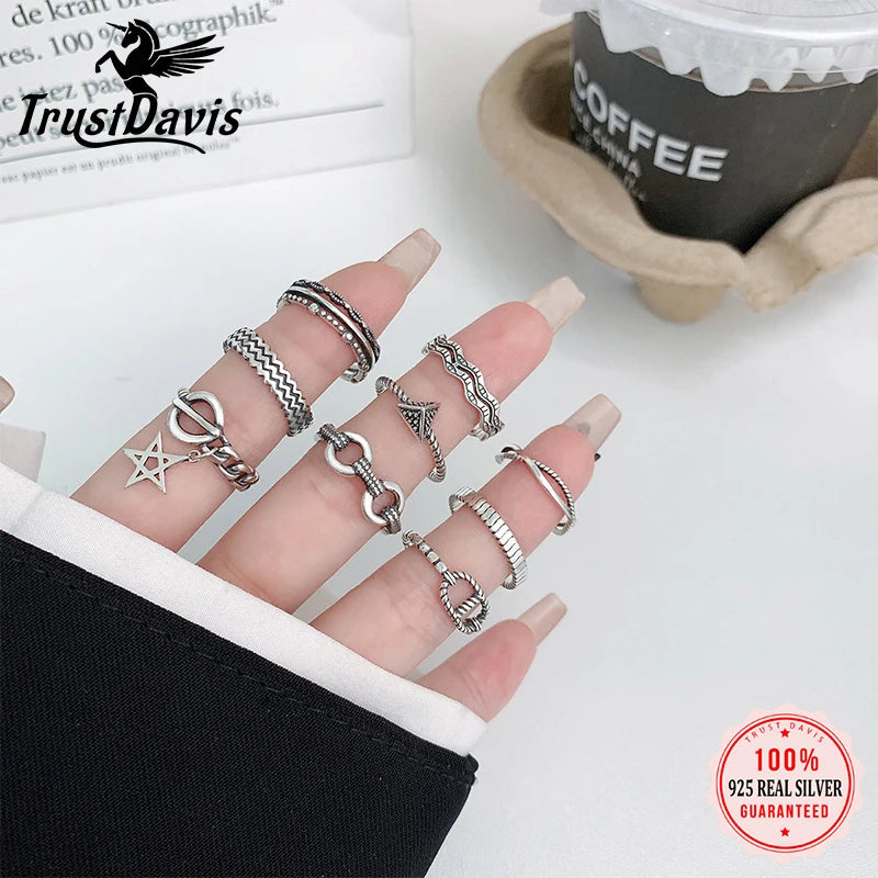TrustDavis Real 925 Sterling Silver Women's Fashion Vintage Multi-Type Open Ring for Women Girls Jewelry Gifts DS4256