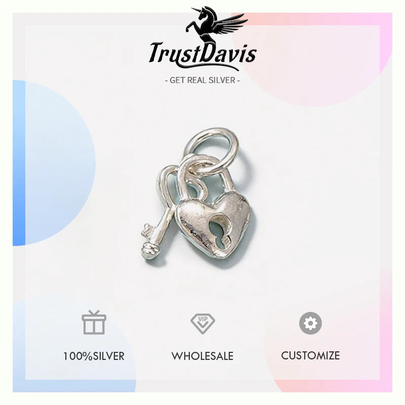 TrustDavis 925 Sterling Silver Fashion Classic Heart Lock & Key Pendant DIY Necklace Bracelet Accessories Fine Jewelry DZ1852
