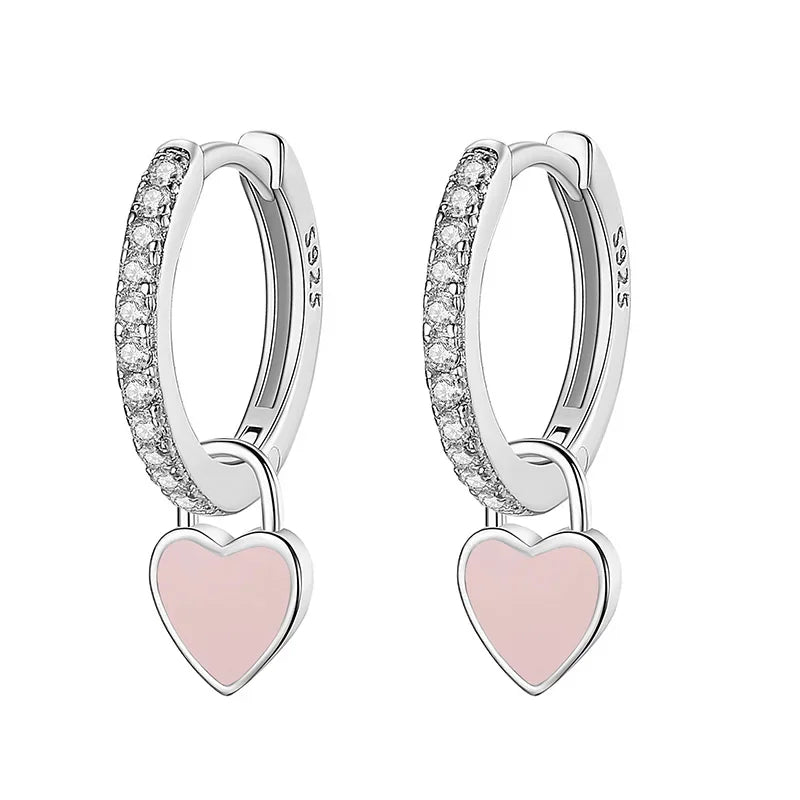 TrustDavis Real 925 Sterling Silver Glaze Heart Dangle Hoop Earrings For Women Wedding Party Fine Dazzling CZ Jewelry DA2745
