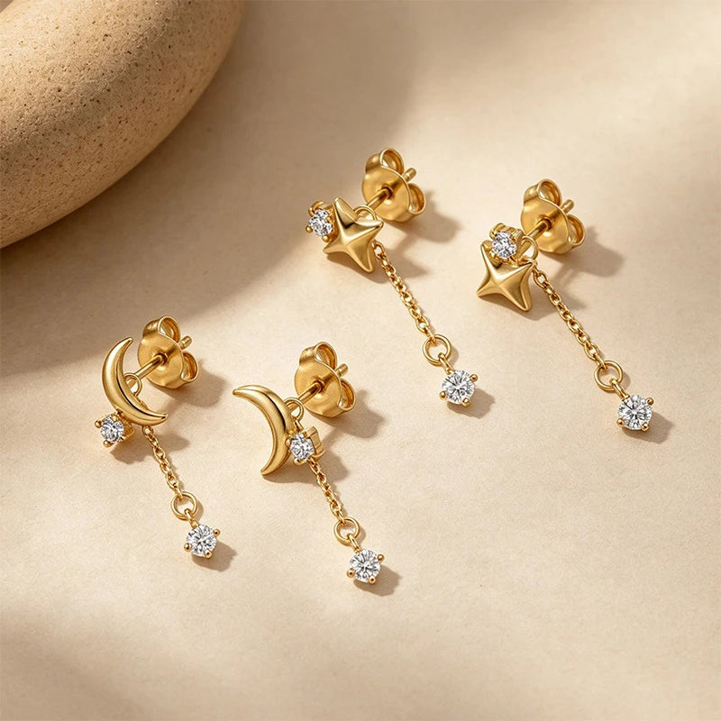Moon and Star Tassel Zircon Stud Earrings for Women DS4979