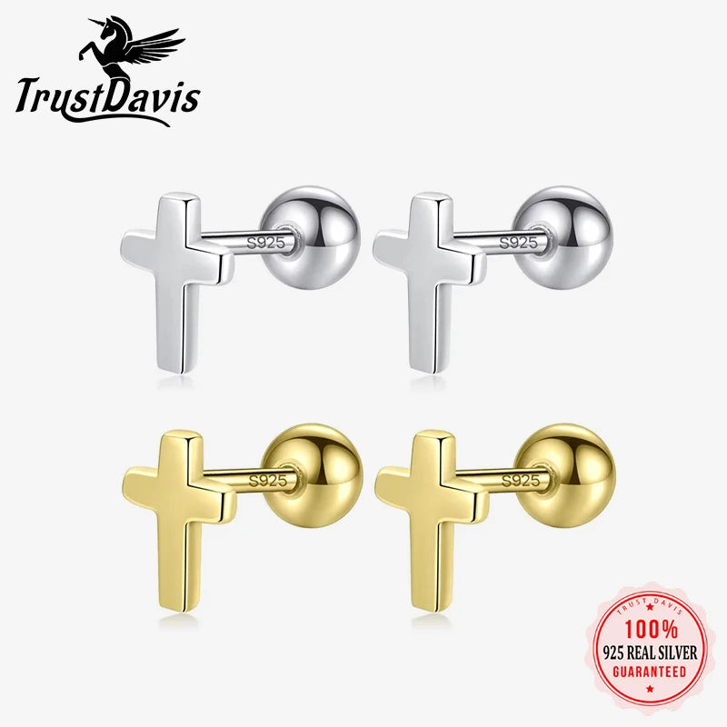 Real 925 Sterling Silver Mini Cross Bead Screw Stud Earrings DA00297