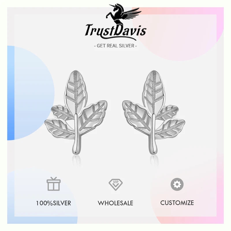 TrustDavis Girls 925 Sterling Silver Sweet Leaf Plant Stud Earrings for Mom Daughter Children Birthday Jewelry DS4478