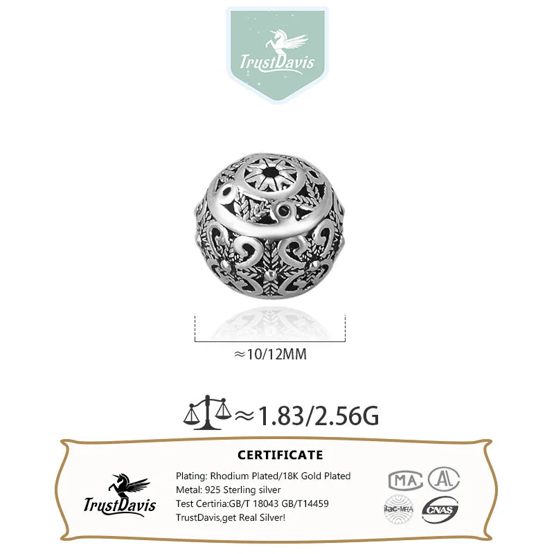 TrustDavis Real 925 Sterling Silver Retro Round Pattern Charm Interval Bead DIY Fit Necklace Bracelet Accessories Jewelry DZ693