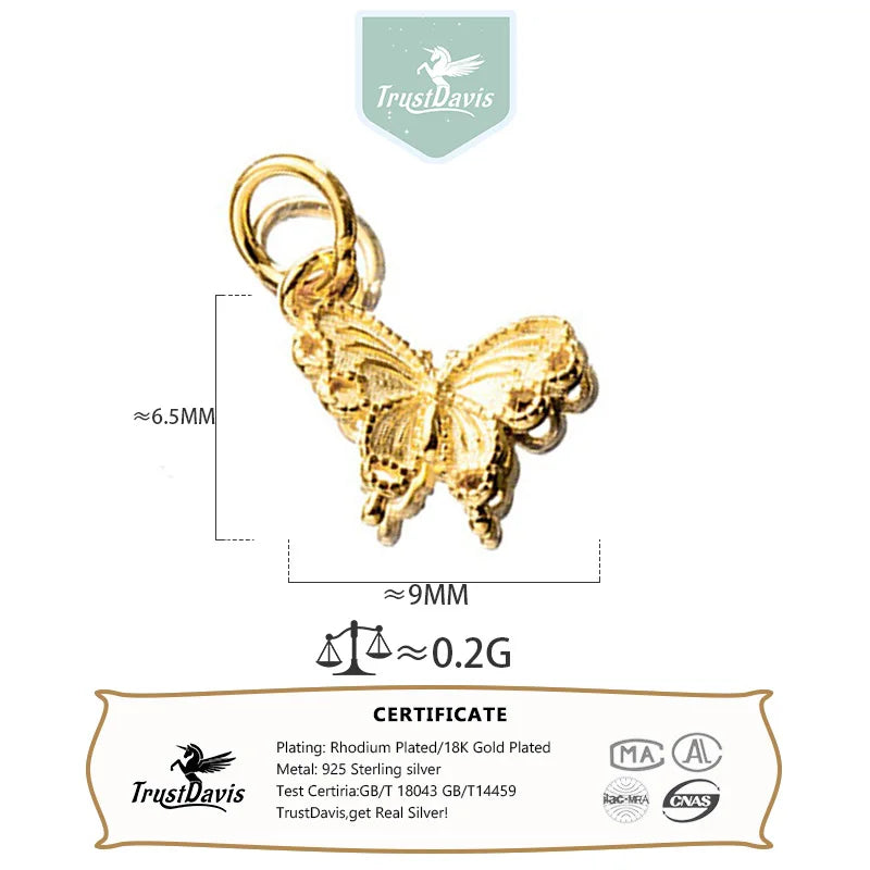 TrustDavis New Fashion Real 925 Sterling Silver Fashion Golden Butterfly Charm Pendant Handmade DIY Accessories Jewelry DZ1802