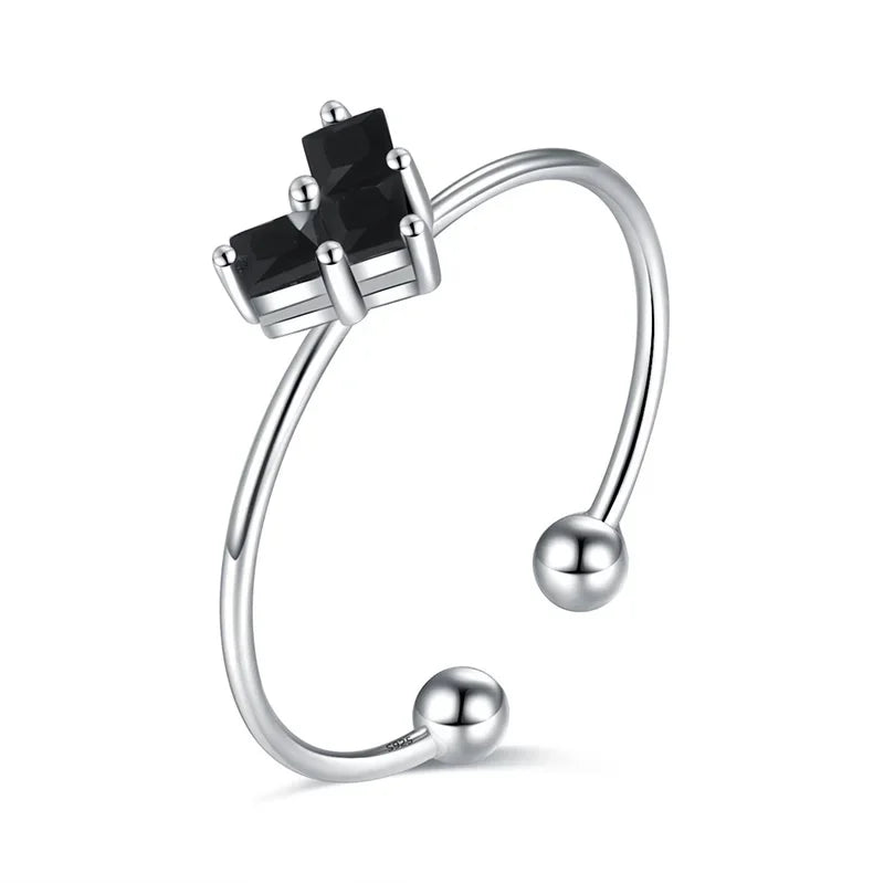 Trustdavis 925 Sterling Silver High Quality Heart Black White CZ Opening Ring Sizable For Women Girl Wife Birthday Present DS927