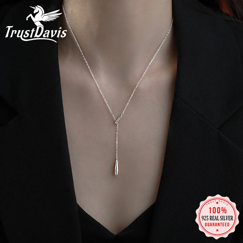 TrustDavis 925 Sterling Silver Women's Fashion Tassel Water Drop Y Adjustable Necklace for Women Girls Jewelry Gift DS4313
