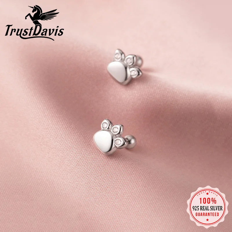 TrustDavis Real 925 Sterling Silver Fashion Sweet Cat's Paw CZ Screw Stud Earrings For Women Wedding Party Fine Jewelry DB1138