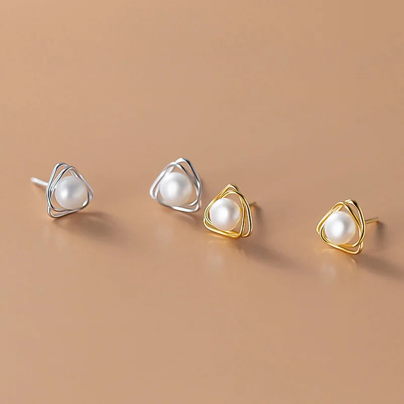 Geometric Pearl Triangle Line Stud Earrings DS3481