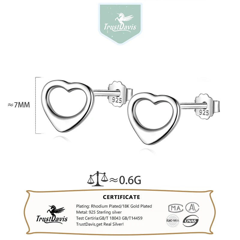 TrustDavis Real 925 Sterling Silver Women's Fashion Heart-shaped Hollow Stud Earrings for Women Girls Jewelry Gifts DS4251