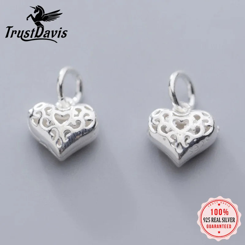 TrustDavis New Real 925 Sterling Silver Fashion Simple Hollow Heart Charm Pendant Handmade DIY Accessories Wholesale DZ1723