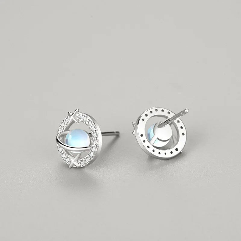 TrustDavis Real 925 Sterling Silver Women's Fashion Moonstone Planet Zirconia Stud Earrings for Women Girls Jewelry Gifts DS4243