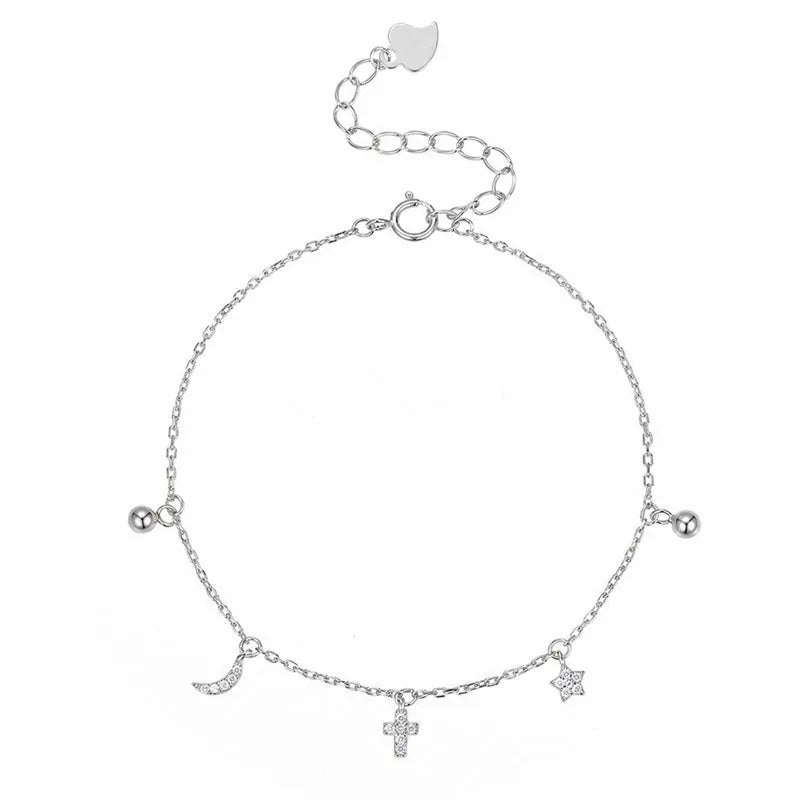 Real 925 Sterling Silver Star and Moon Cross Zircon Bracelet DS4946