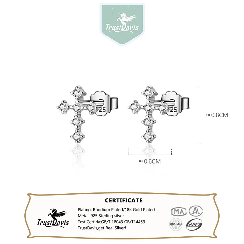 TrustDavis Elegant Real 925 Sterling Silver Stud Earring Cross CZ Birthday Gift for Men Mum Daughter Fine Jewelry Gift DS4057